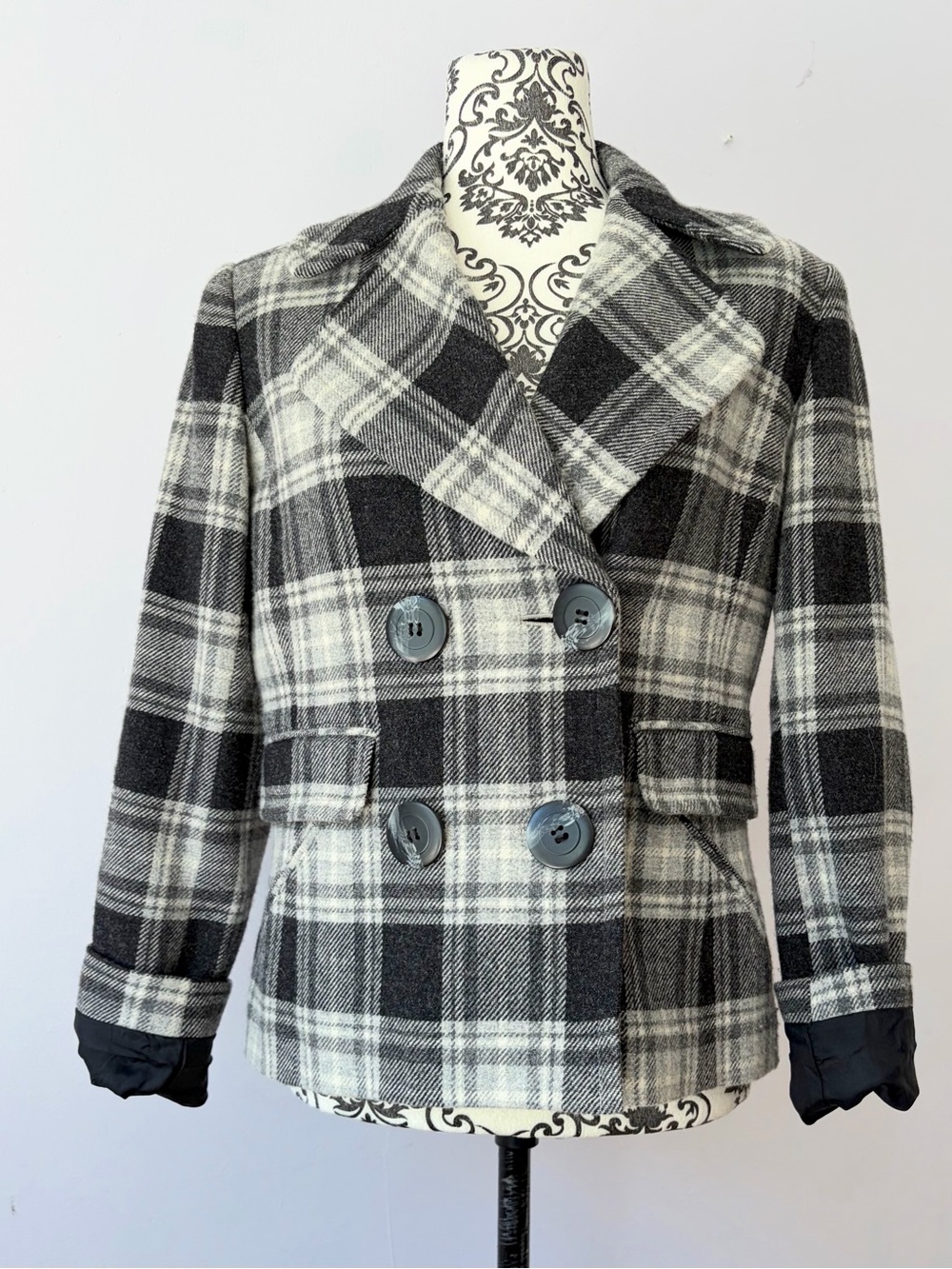 Anne Klein Lambswool Black & White Plaid Double-Breasted Peacoat Size 4